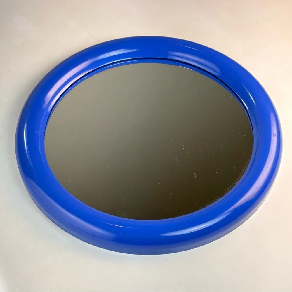 Vintage 12.25” Circle Blue Plastic Wall Mirror Space Age 80s 90s Post Modern